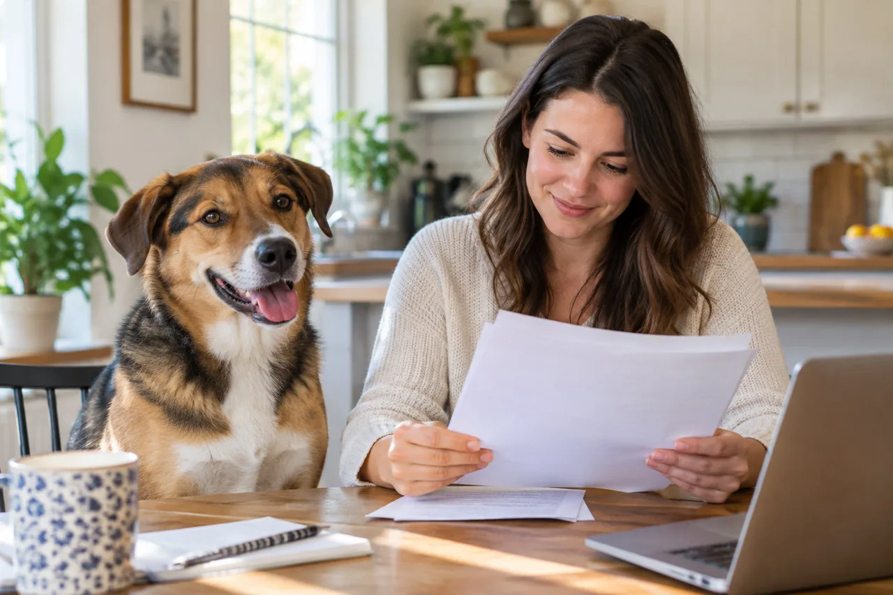 Owner reviewing paperwork beside a dog at a table